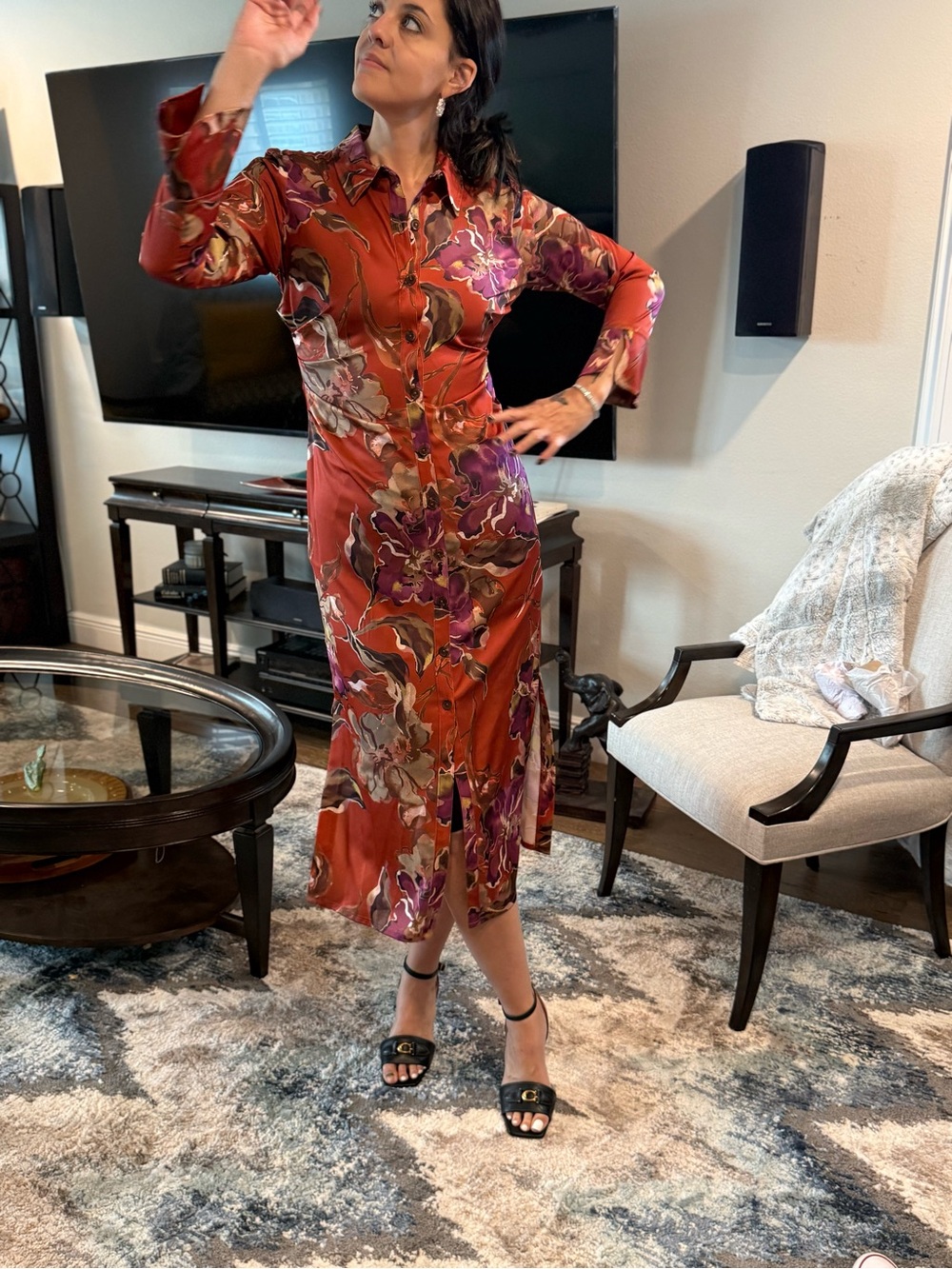 Donna Karan Burnt Orange Floral Satin Midi Shirt Dress